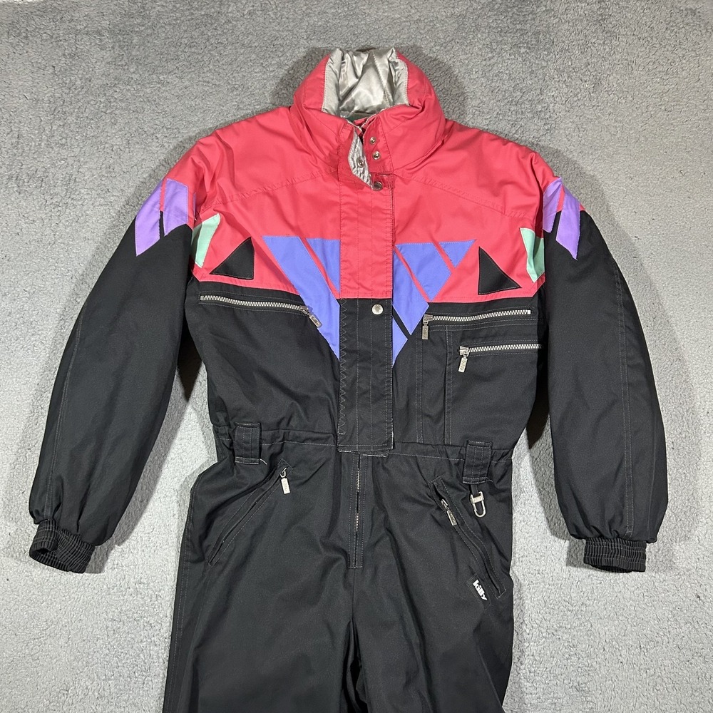 Vintage 1980s Killy Ski Suit Women's 8 One Piece Snowsuit Snow Black Pink Purple
